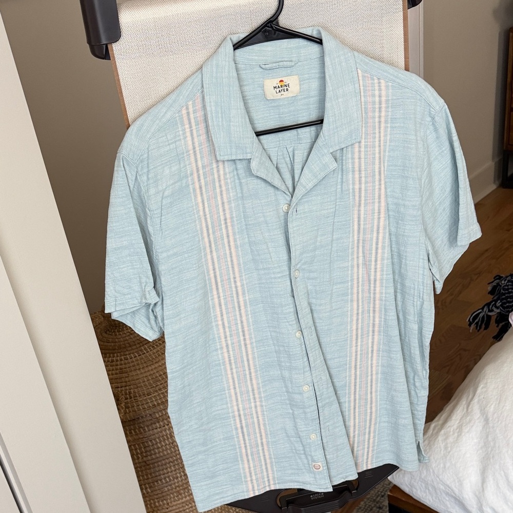 Marine Layer Light Blue and Cream Striped Button Down Shirt